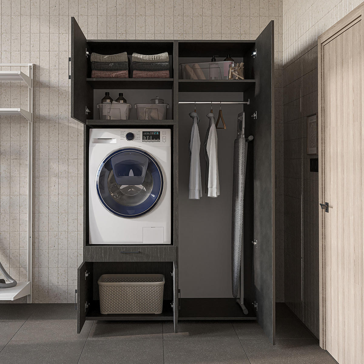 WASCHMASCHINENSCHRANK Serie 3 127cm Breit, 205cm Hoch - Schwarz, Holzwerkstoff (127/205/67cm)