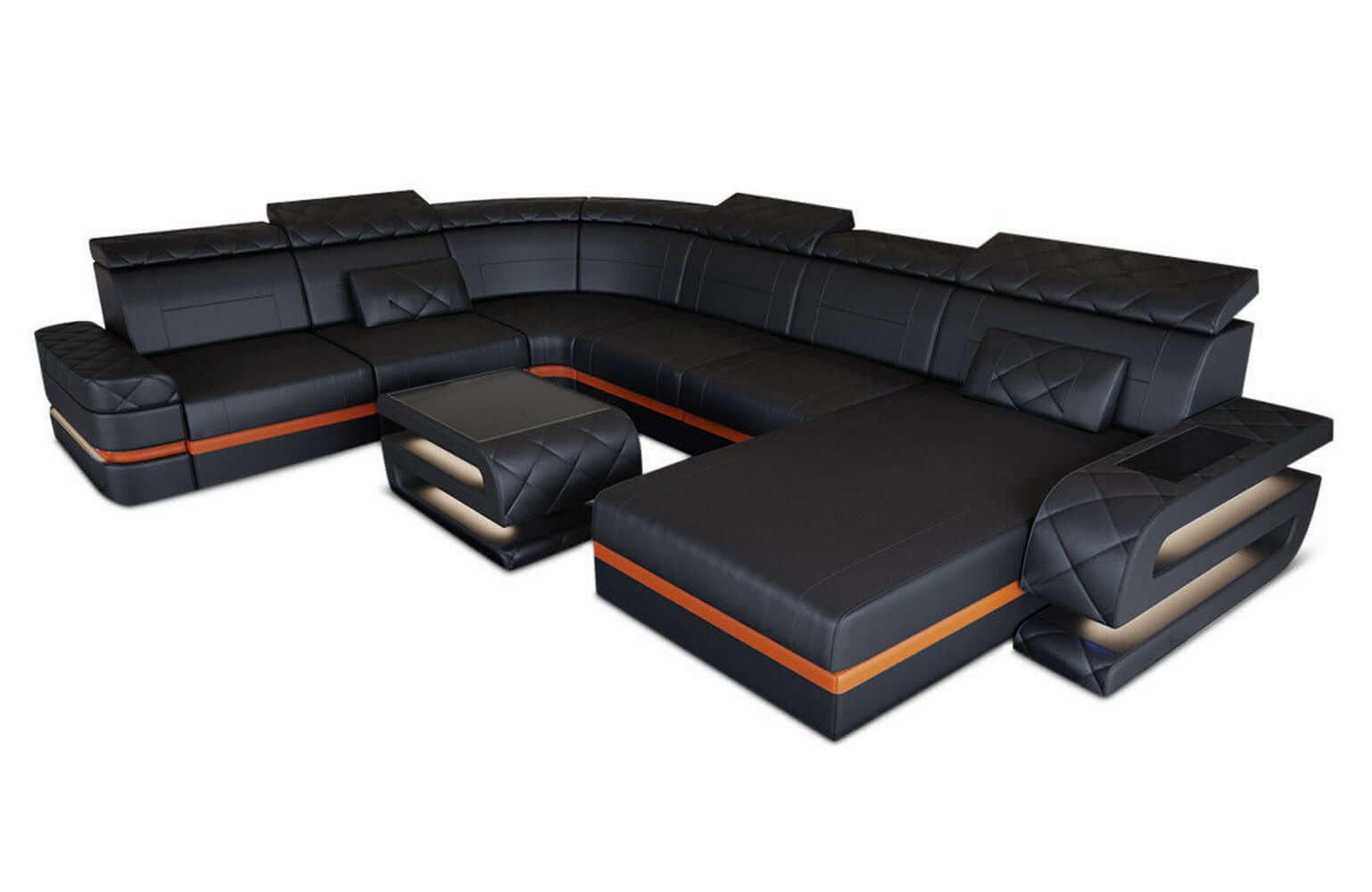 WOHNLANDSCHAFT Bologna Schwarz Orange Büffelleder - Schwarz, Leder (397/89/299cm)