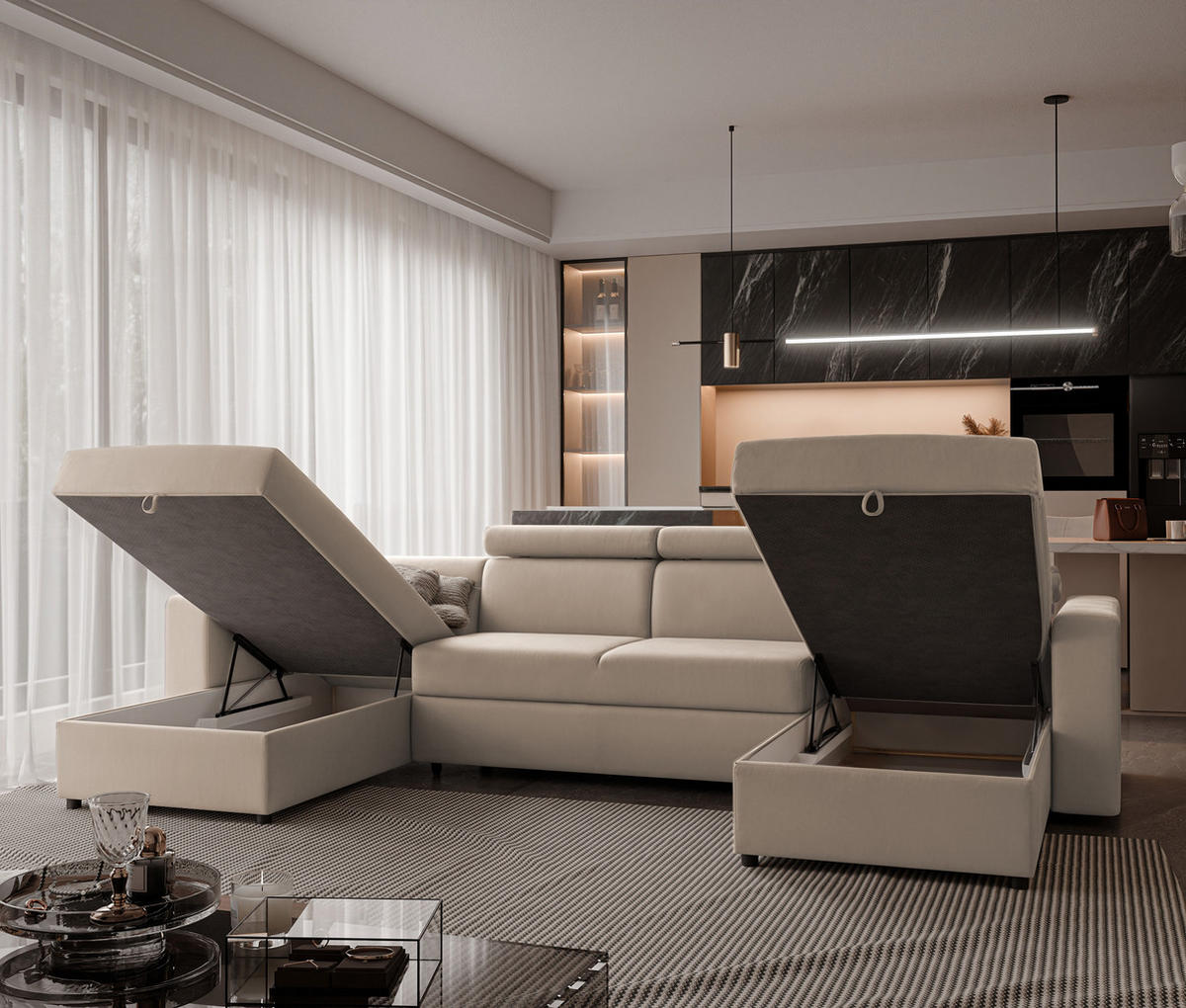 WOHNLANDSCHAFT BENI U II mit verstellbaren Kopfstützen und Schlaffunktion, Farbe: Beige - Beige/Schwarz, Kunststoff/Textil (302/60/166cm) - Idohome