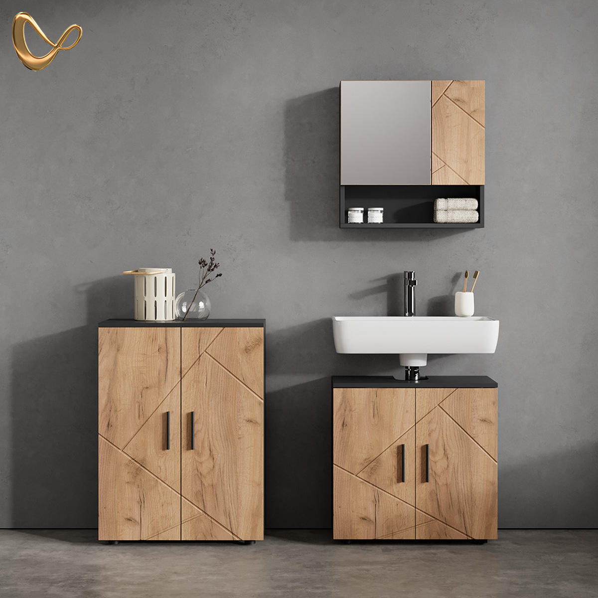 BADMÖBEL-SET Ronco Goldkraft Eiche/Anthrazit 3 Teile, mit Unterschrank 60 cm - Honigeiche/Anthrazit, Holzwerkstoff (60/59/30cm) - Livinity®