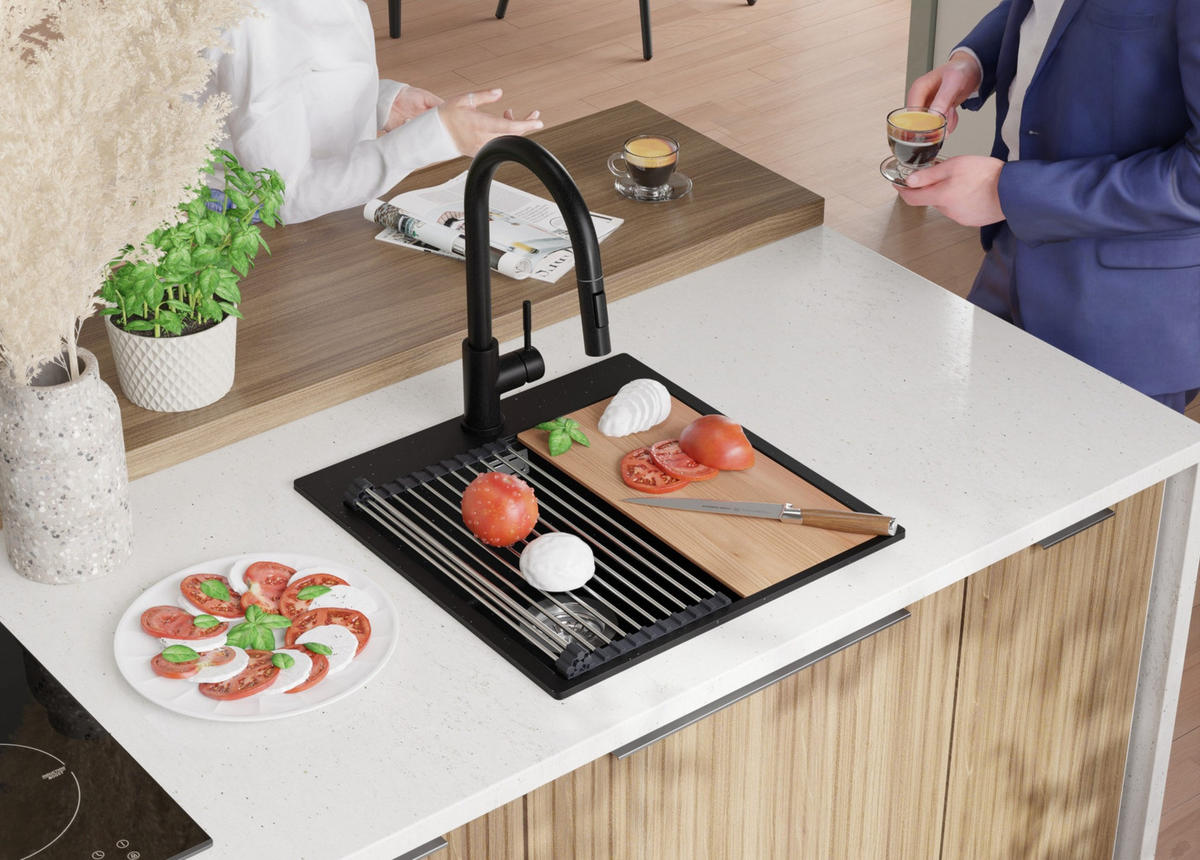 SPÜLBECKEN Oslo, 2-er set Schwarz Metallic 48/50 cm 1 Becken + Ablauf-Set + Schneidebrett ab 50er Unterschrank - Chromfarben/Schwarz Hochglanz, Kunststoff (48/20/50cm) - Primagran