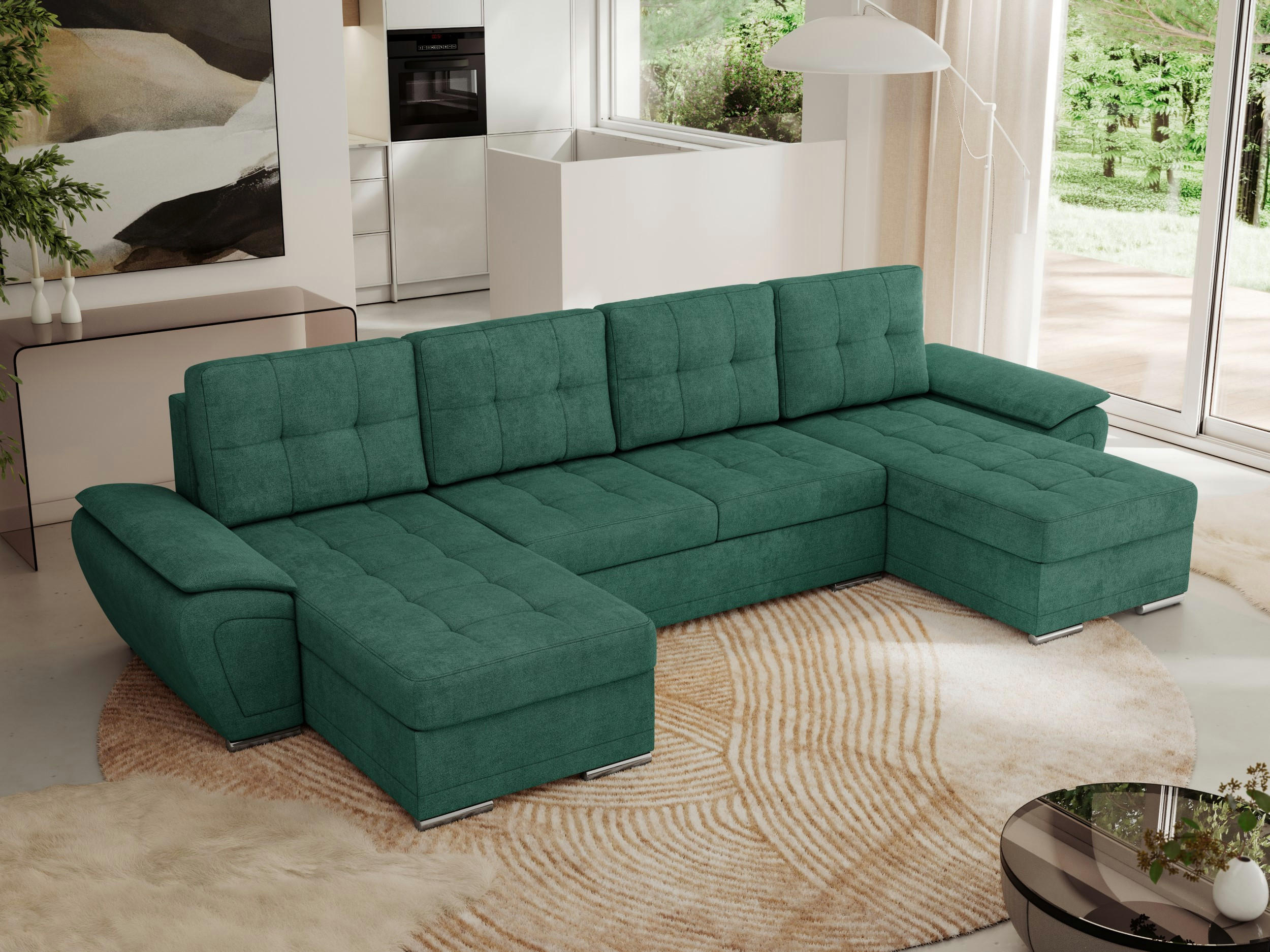 WOHNLANDSCHAFT UMBRIA U Grün Stukture - Grau/Grün, Textil/Metall (336/85/157cm) - MKS