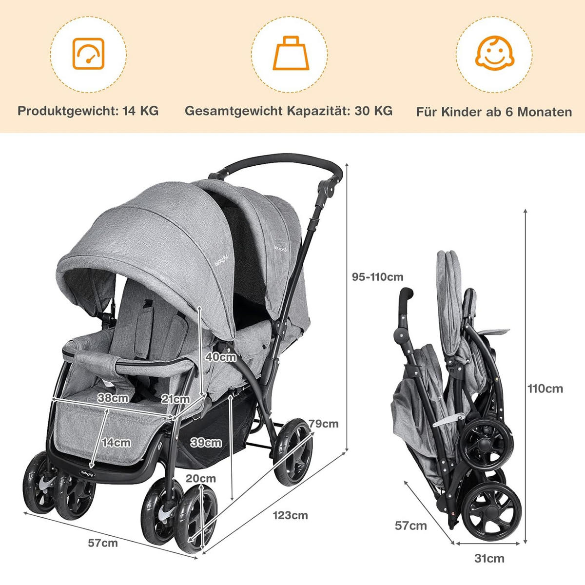 GESCHWISTERWAGEN Grau - Grau, Metall (98.5/49/30cm) - COSTWAY