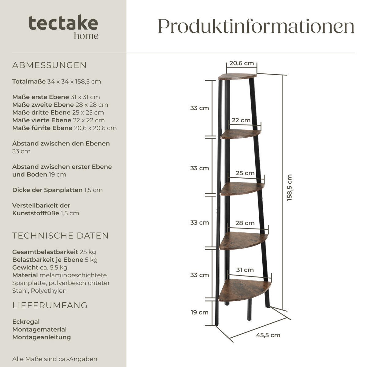 ECKREGAL Portland ,inklusive Kippschutz, 34 x 34 x 158,5 cm,Industrial Holz dunkel, rustikal - Rostfarben, Holzwerkstoff (34/158.5/34cm) - tectake