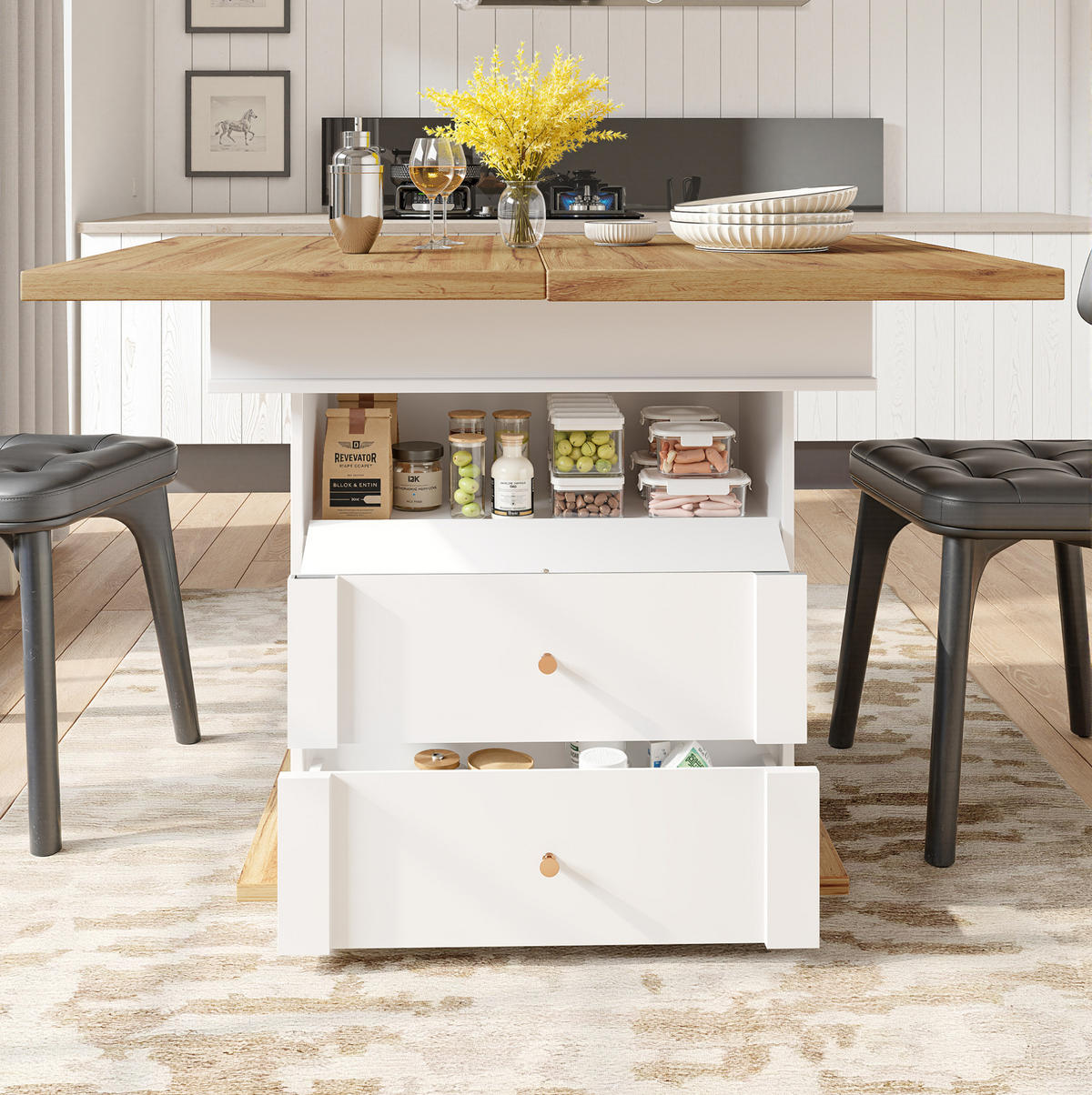 JEDÁLENSKÝ stôl 110-140/80 cm MDF, biela/natural, rozkladací so skrytým úložným priestorom - biela, kompozitné drevo (140/80/75cm) - BEAOK