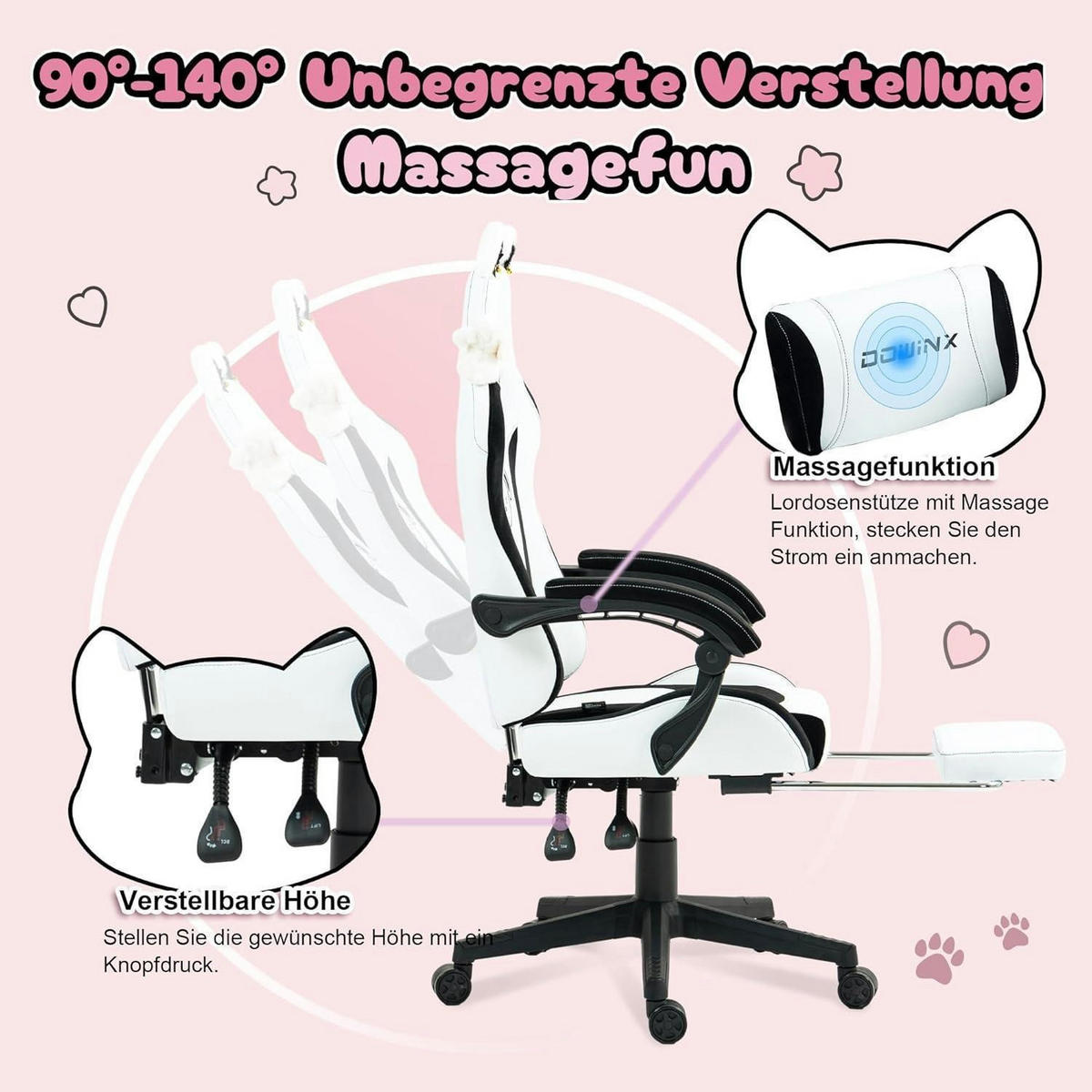 GAMING Stuhl mit Hundemotiv und Fußstütze Weiß - Weiß, Kunststoff (57/135/76cm)