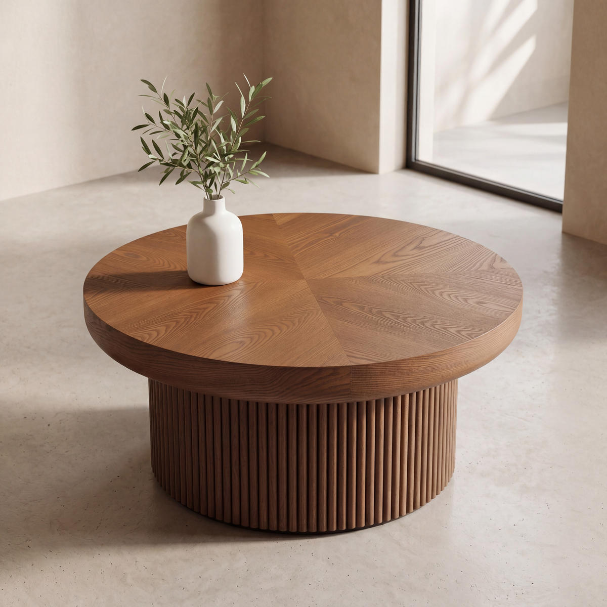 COUCHTISCH Runder Couchtisch 78cm Walnuss-Holzoptik mit geriffeltem Sockel Mid-Century - Braun, Holz (78/78/38.5cm) - Raelunyi