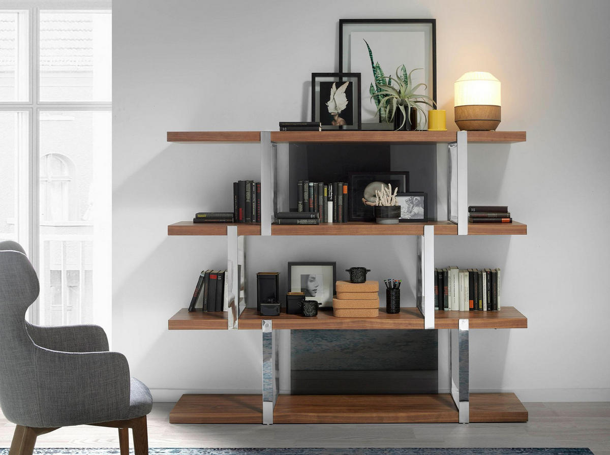 REGAL Bücherregal aus Nussbaumholz mit schwarzen Glasfächern 180/40/146 cm - Edelstahlfarben/Walnussfarben, Holz/Metall (180/146/40cm) - ANGEL CERDA