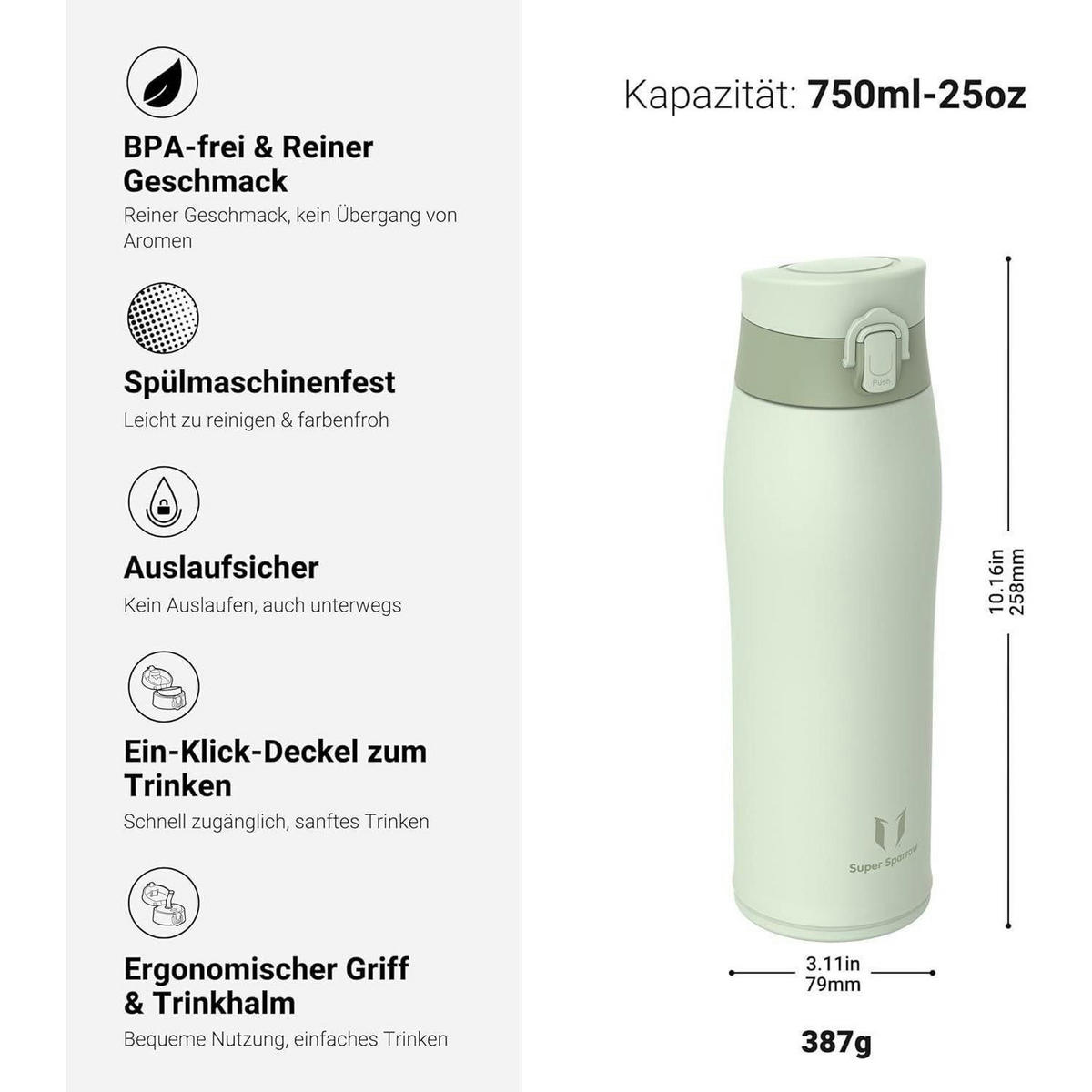 TRINKFLASCHE Edelstahl 750 ml Hellgrün - Hellgrün, Metall (8.2/8.2cm)