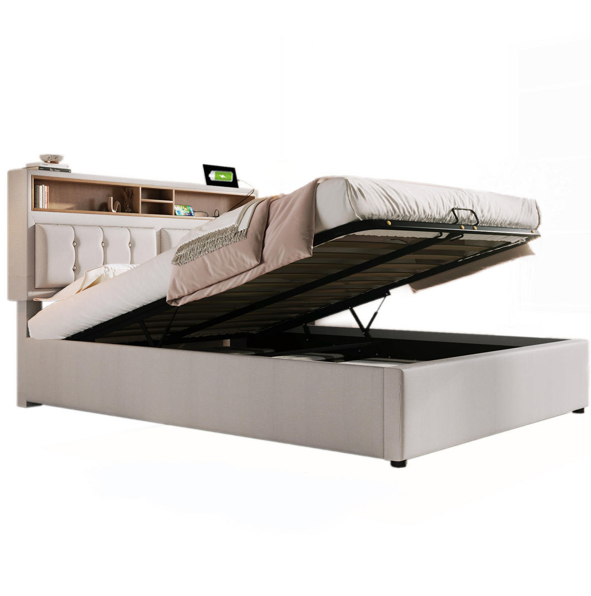 POLSTERBETT aus Leinen 140x200 cm in Beige mit USB/Typ-C & Steckdosen - Beige, Textil (140/200cm) - Modfu