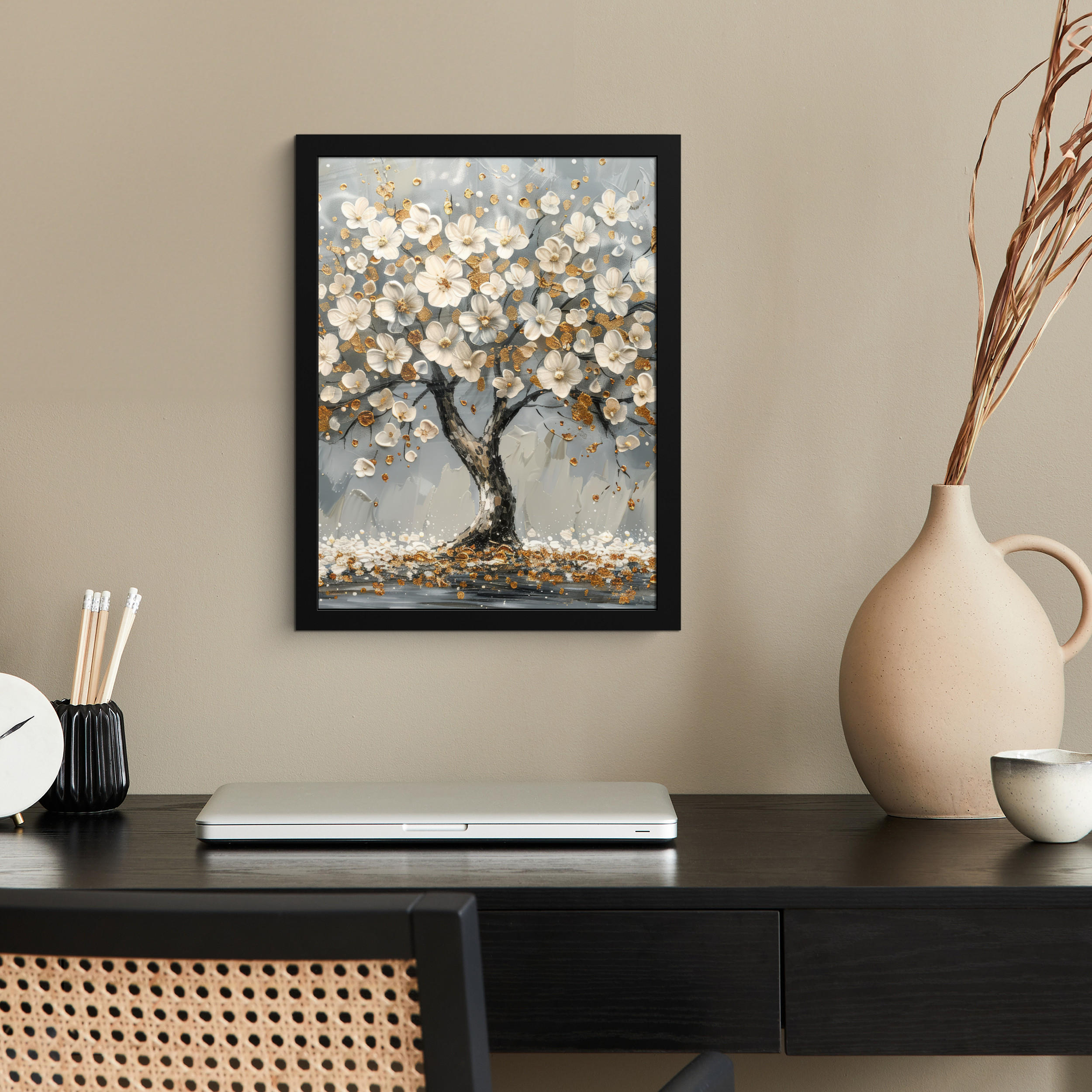 GERAHMTES BILD Baum - Blumen - Weiß - Natur - Kunst 30x40 cm - Weiß, Papier (30/40cm) - MuchoWow
