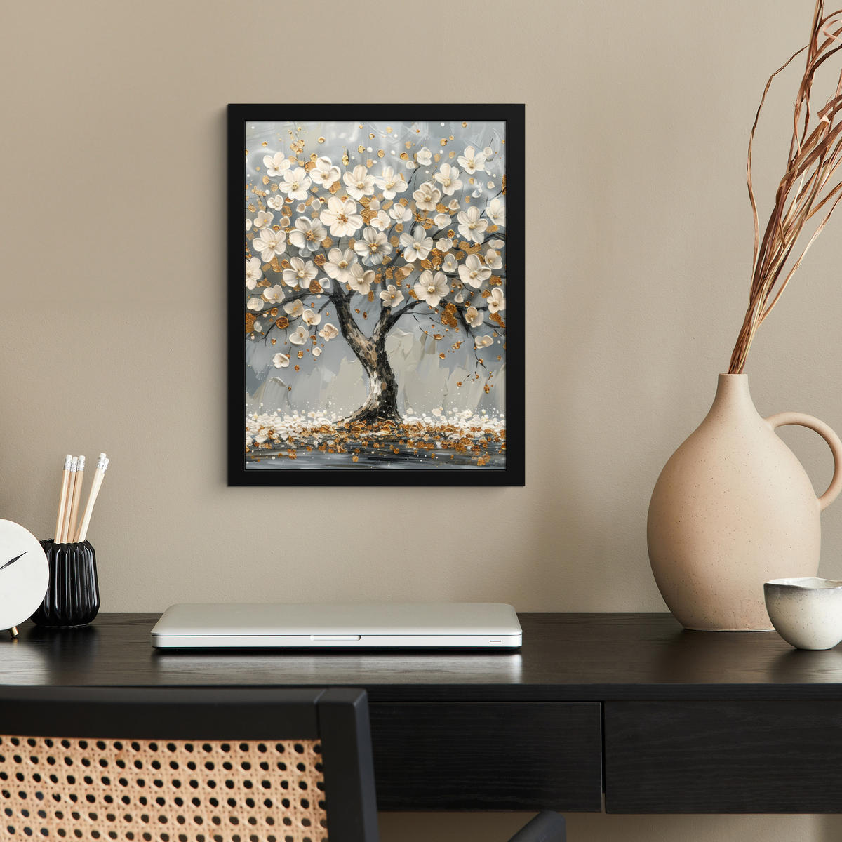 GERAHMTES BILD Baum - Blumen - Weiß - Natur - Kunst 30x40 cm - Weiß, Papier (30/40cm) - MuchoWow