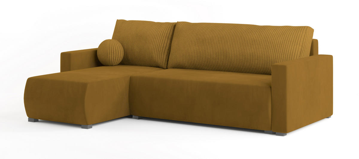 ECKSOFA SORGE Gelb Plüsch-Stoff mit Schlaffunktion - Gelb, Holz (220/143cm) - MASSENO