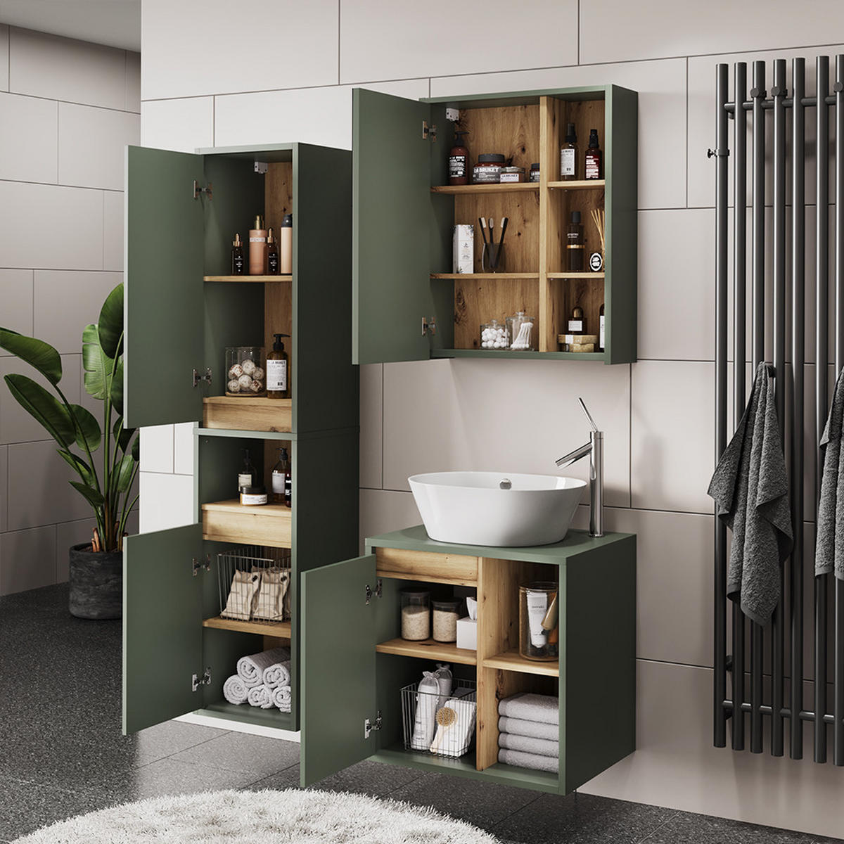 SADA KOUPELNOVÉHO NÁBYTKU Viola Zelená/umělecká - dub artisan/zelená barva, kompozitní dřevo (60/60/45.5cm) - Vicco