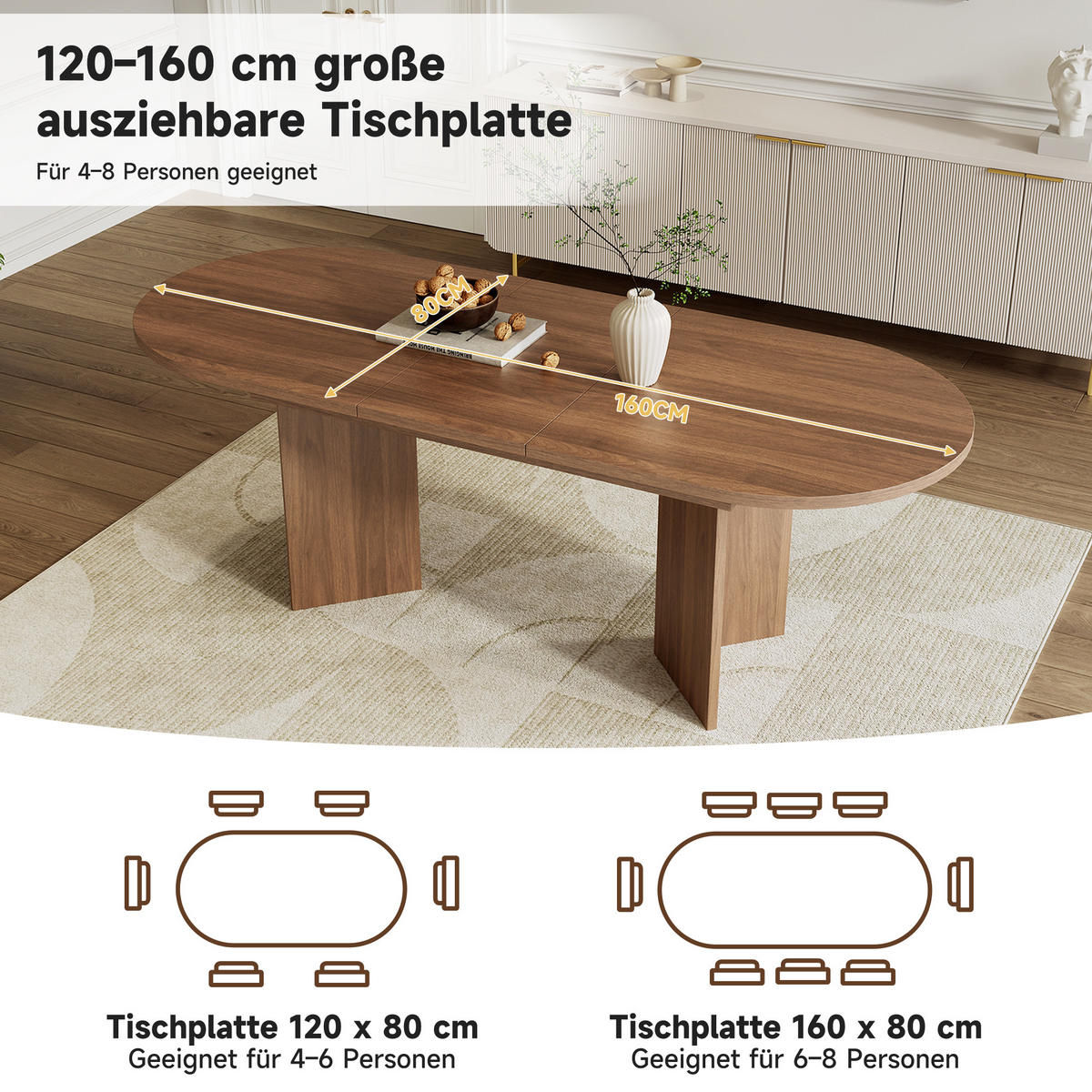 ESSTISCH Ausziehbarer 120-160x80cm Nussbaum mit abgerundeten Ecken - Braun, Holz (76.1/39.67/12.75cm) - Raelunyi