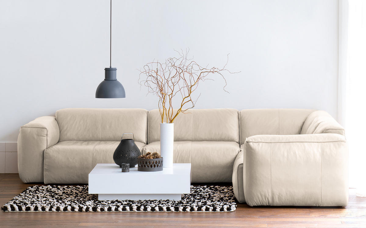 ECKSOFA mit Rundecke - Hellgrau/Schwarz, Leder/Kunststoff (325/260cm) - home24