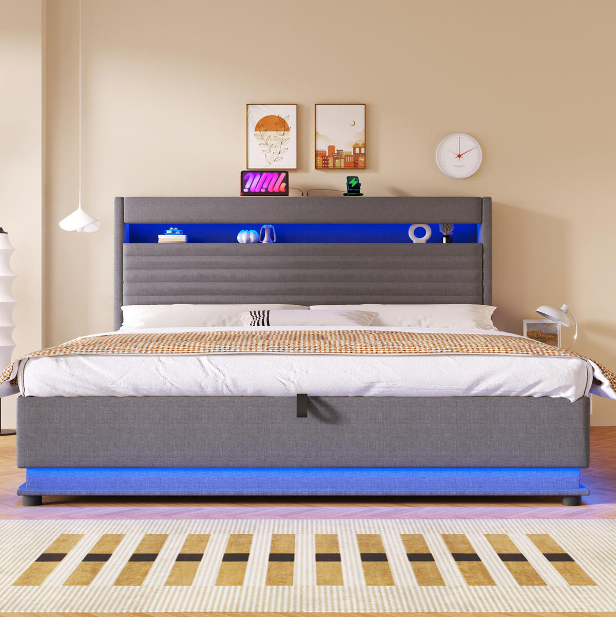 POLSTERBETT mit Stauraum 180x200 cm Leinen Grau mit LED und USB - Grau, Metall (180/200cm) - Meubliv