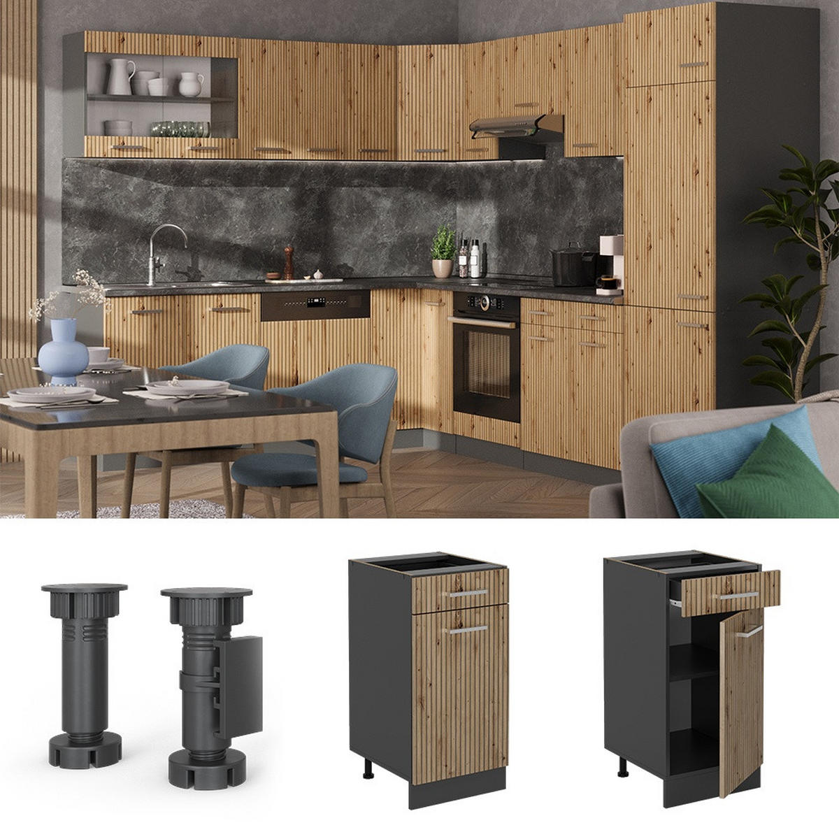 KÖKSUNDERSKÅP R-Line Hantverks ek 40 cm , AP Antracit - Antracit/Ek Artisan, Träbaserade material (40/81.6/60cm) - Vicco