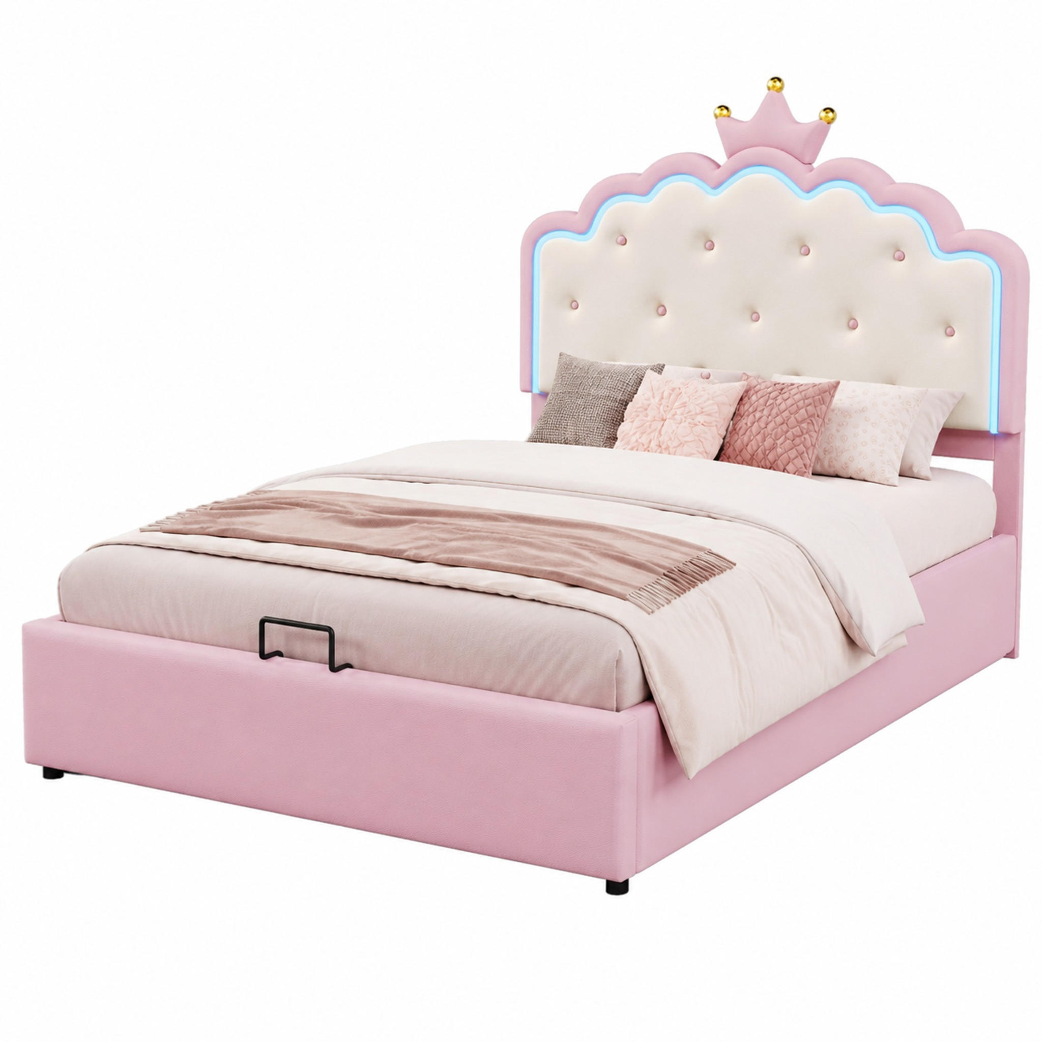 POLSTERBETT mit LED und Stauraum 140x200 cm PU Rosa mit Lattenrost - Pink, Metall (140/200cm) - Beauniv
