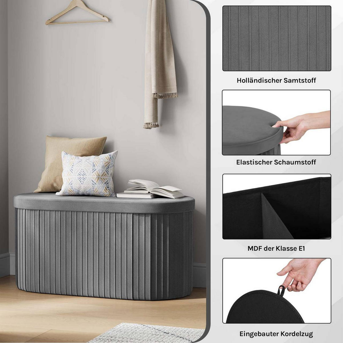 SITZHOCKER mit Deckel Stauraum, 76x38x38 cm, Dunkelgrau - Dunkelgrau, Textil (78/38/38cm) - Woltu