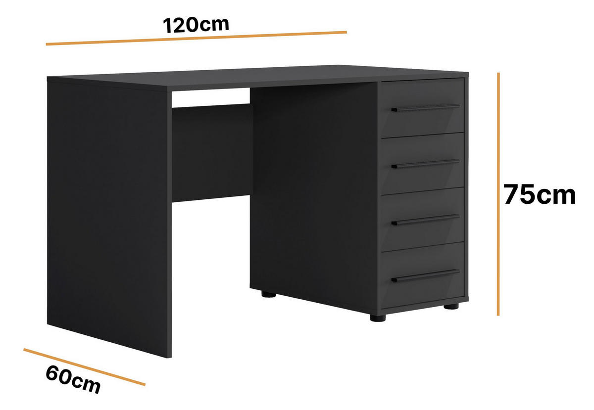 SCHREIBTISCH Modena 120x60 in Schwarz mit Schubladen - Schwarz, Holzwerkstoff/Kunststoff (60/120/75cm) - Ravio