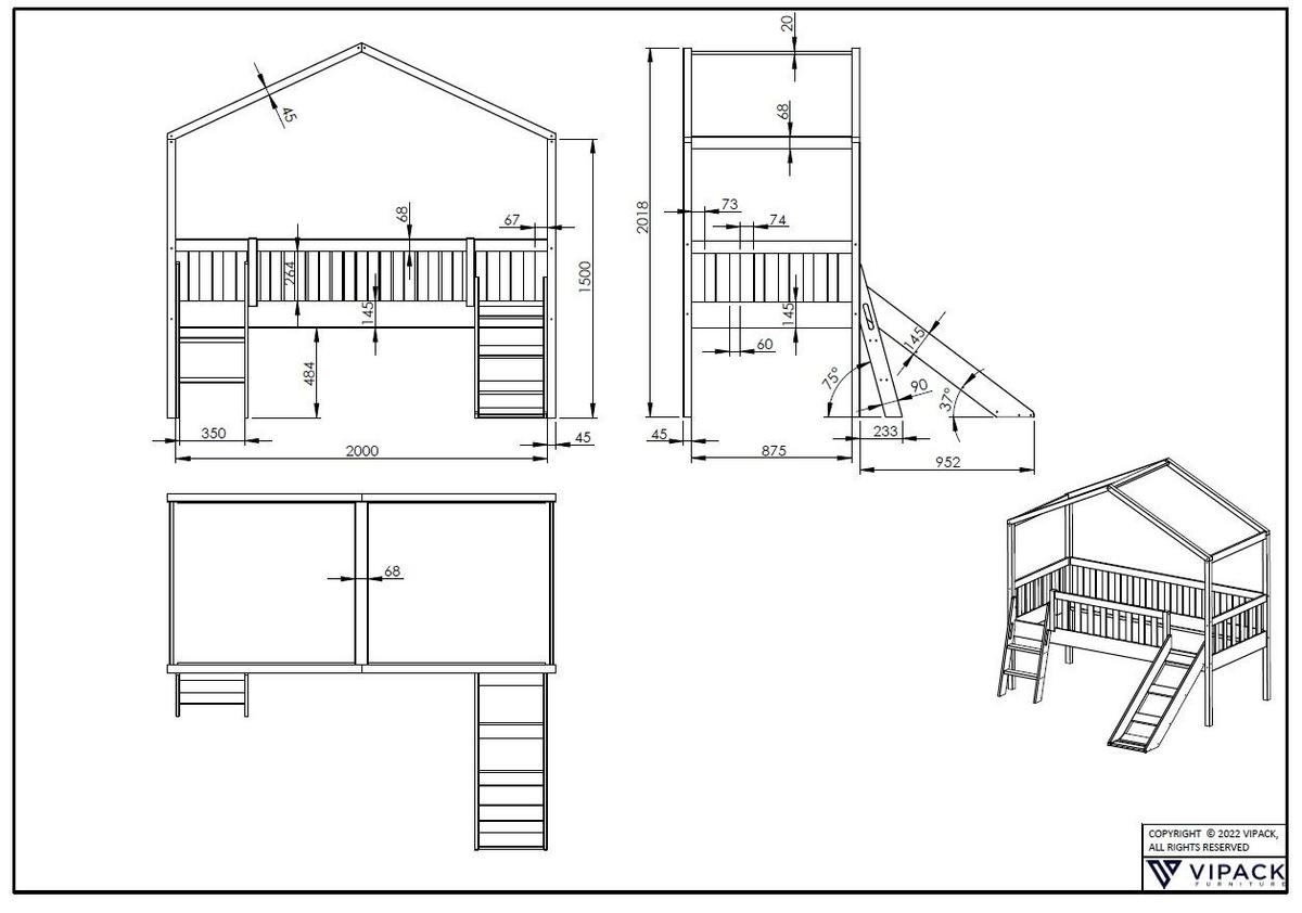 HAUSBETT mit Rutsche Kapua 209x202x192 aus Massivholz in Weiß - Weiß, Holz (90/200cm) - 58aufmkessel