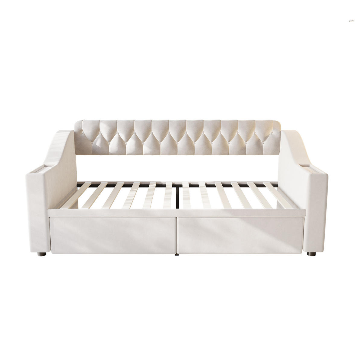 POLSTERBETT 90/190 cm aus Samt mit Stauraum und USB- und Type-C-Anschlüssen - Beige, Textil (90/190cm) - Flora Grace
