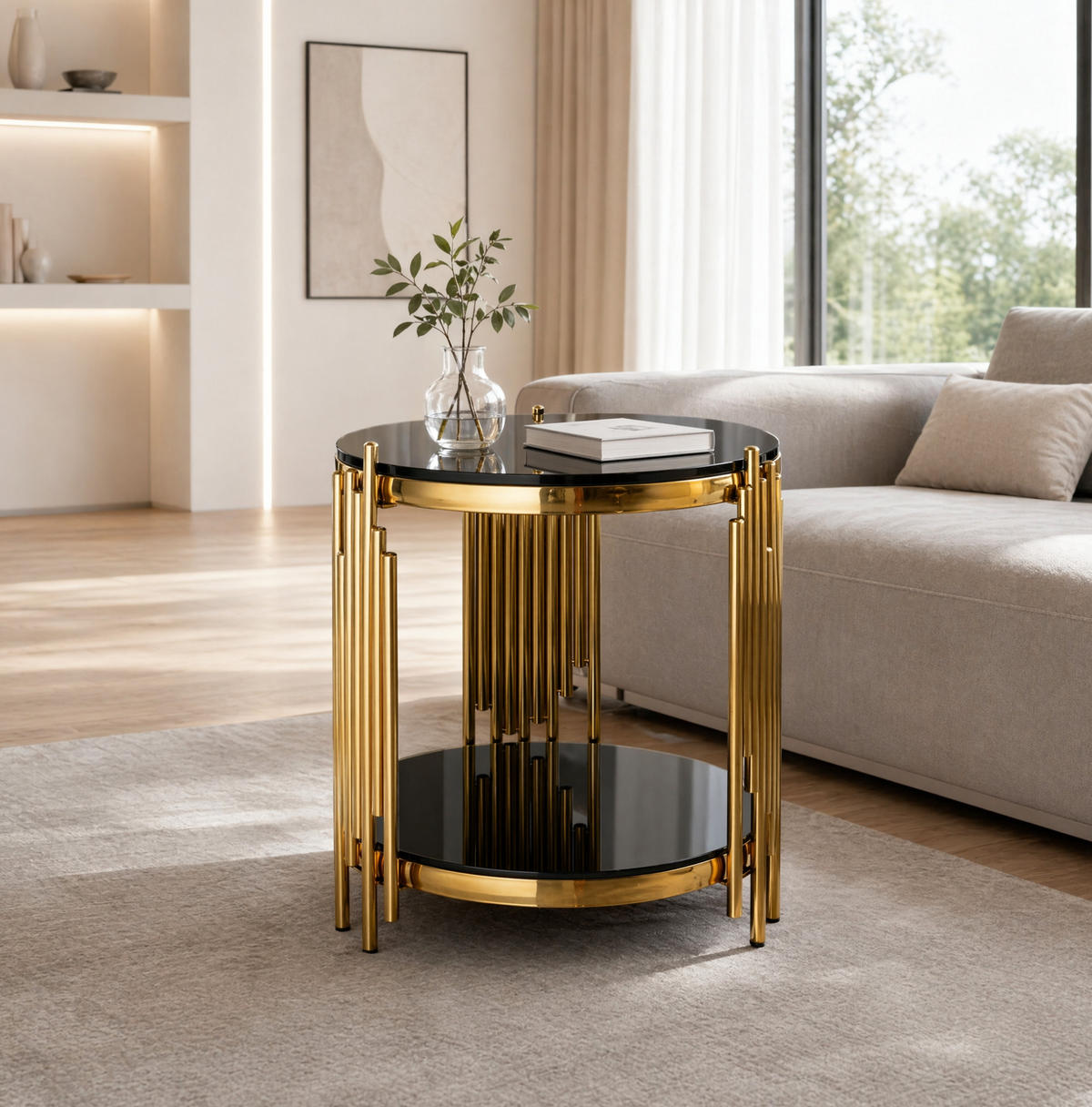 BEISTELLTISCH rund 2-stufig Schwarz Gold mit Glas - Schwarz, Glas (45/45/55cm) - Meubliv