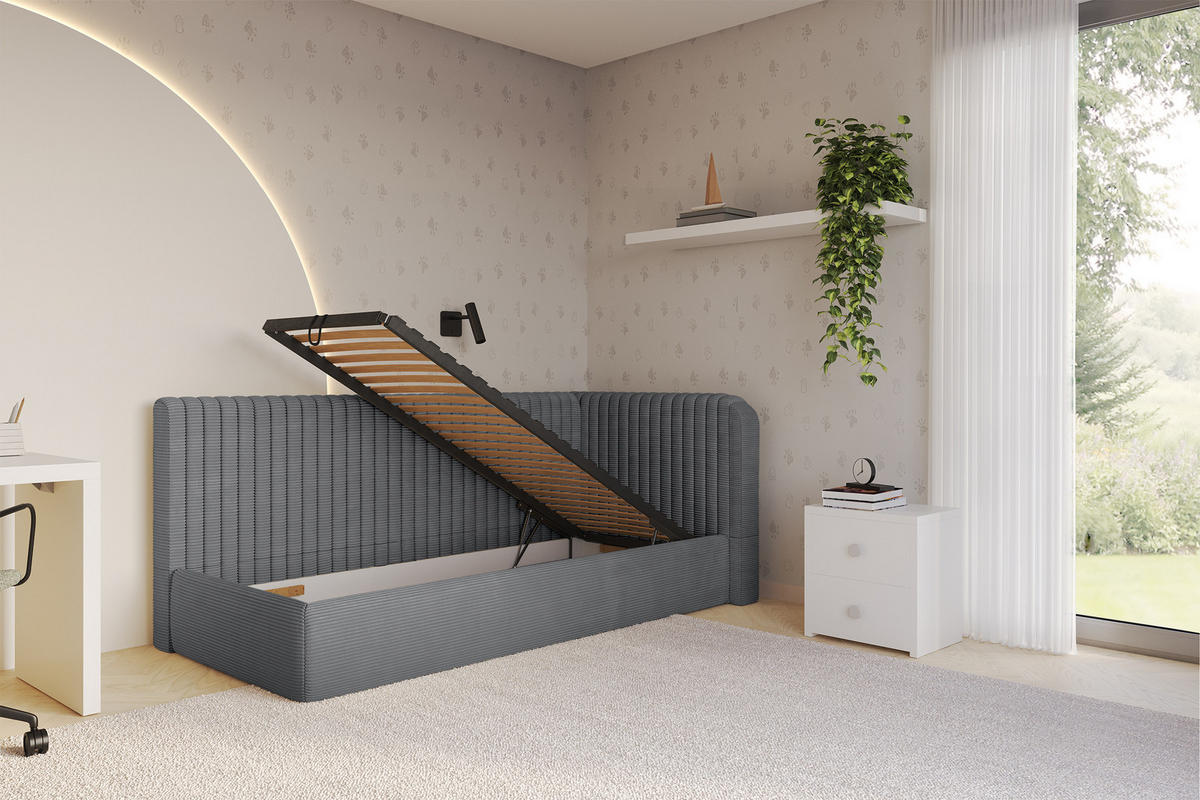 EINZELLBETT Jugendbett mit Bettkasten, Links - AURY 100x200 Dunkelgrau - Graphitfarben, Holzwerkstoff/Textil (100/200cm) - ALTDECOR