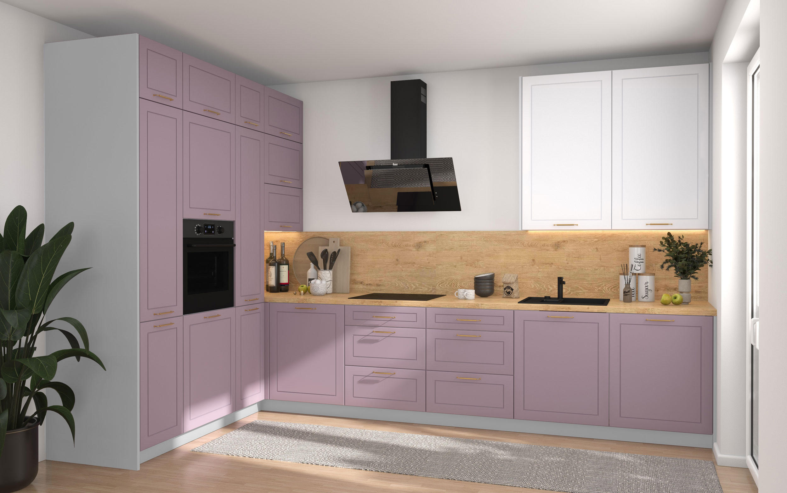 L-FORM KÜCHENZEILE Bari (16-tlg) Grau / Pastellviolett - Signalweiß - Violett, Holzwerkstoff/Metall (347/243/202cm) - Feldmann-Wohnen
