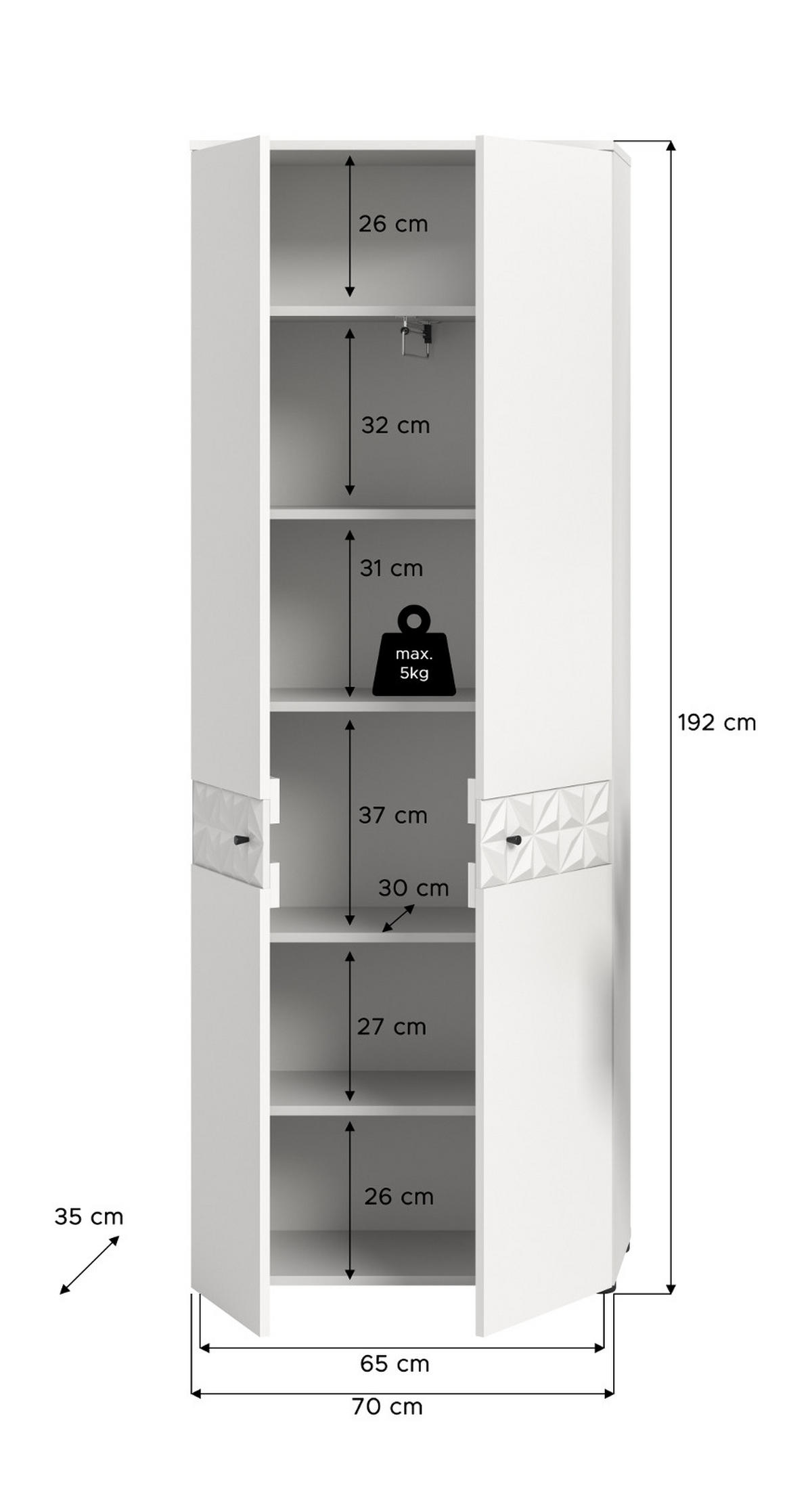 GARDEROBENSCHRANK weiß Hochglanz 70 x 192 cm, Schuhschrank mit 3D-Struktur - Weiß Hochglanz/Schwarz, Holzwerkstoff/Kunststoff (70/192/35cm) - Inn.Furn