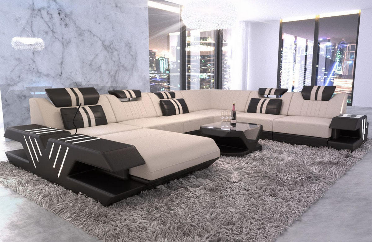 WOHNLANDSCHAFT Venedig Elfenbein Schwarz Mikrofaserstoff - Creme, Kunststoff (373/80/288cm)