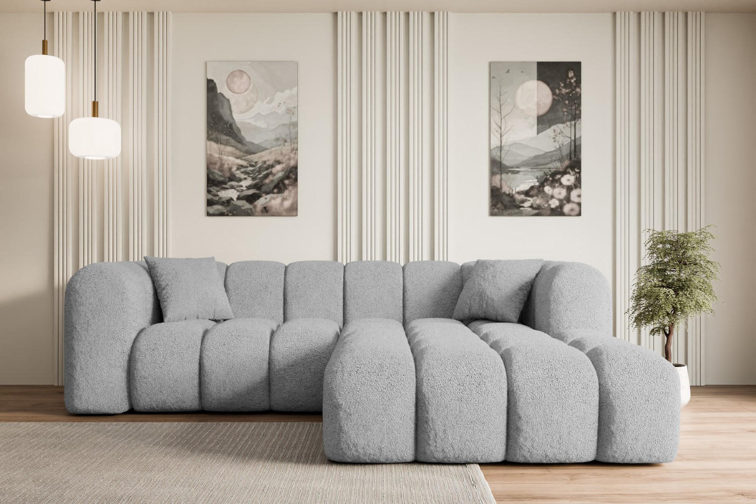 ECKSOFA Ottomane Rechts OLEA-L1 - 231x173x74 cm Hellgrau Bouclé - Hellgrau/Schwarz, Holzwerkstoff/Kunststoff (231/173cm) - ALTDECOR