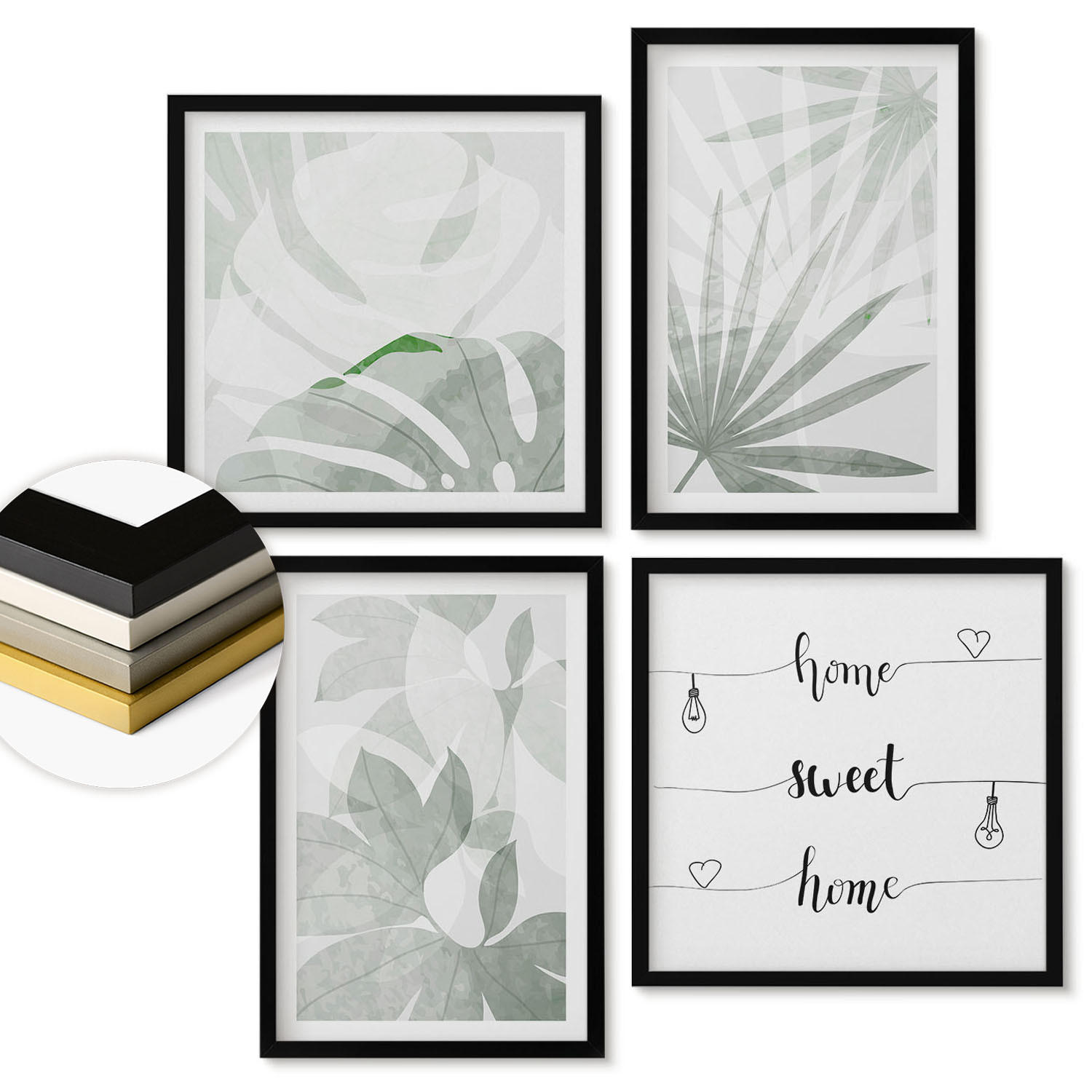 WANDBILDER 4er-Set - 50x50 cm & 40x60 cm Schwarzer Rahmen - Die Blätter der Pflanzen sind grünlich-grau. - Schwarz, Kunststoff (50/50cm) - ArtPrintCave