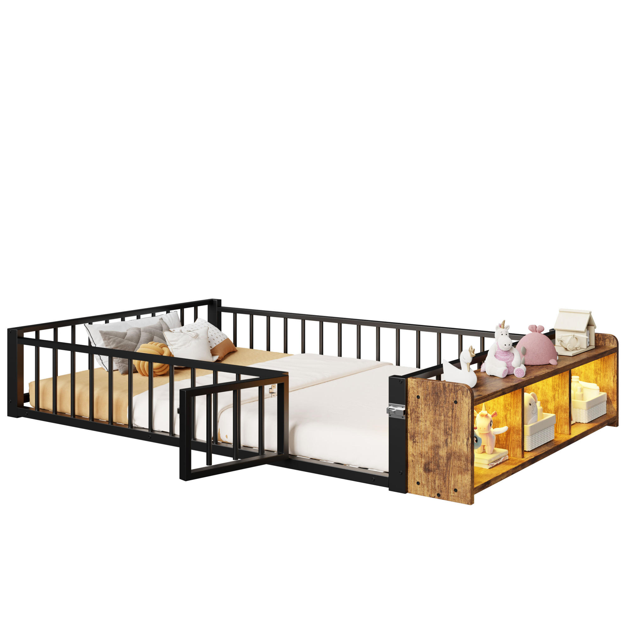 KINDERBETT 140/200 cm aus Metall in Schwarz mit LED-Beleuchtung und Stauraum - Schwarz, Holzwerkstoff (140/200cm) - Flora Grace