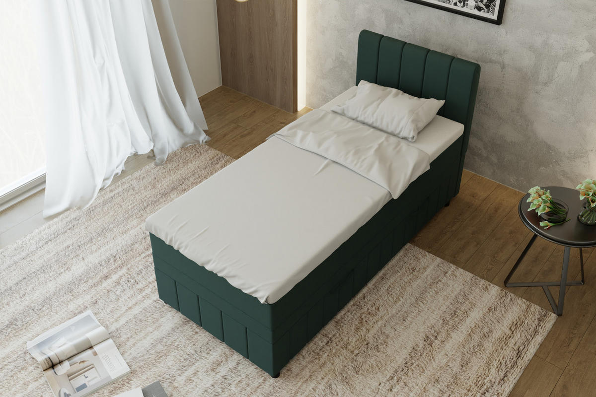 BOXBETT AVALON 90 x 200 cm mit Bettkasten und Topper - Dunkelgrün - Dunkelgrün, Holz - Panda Möbel