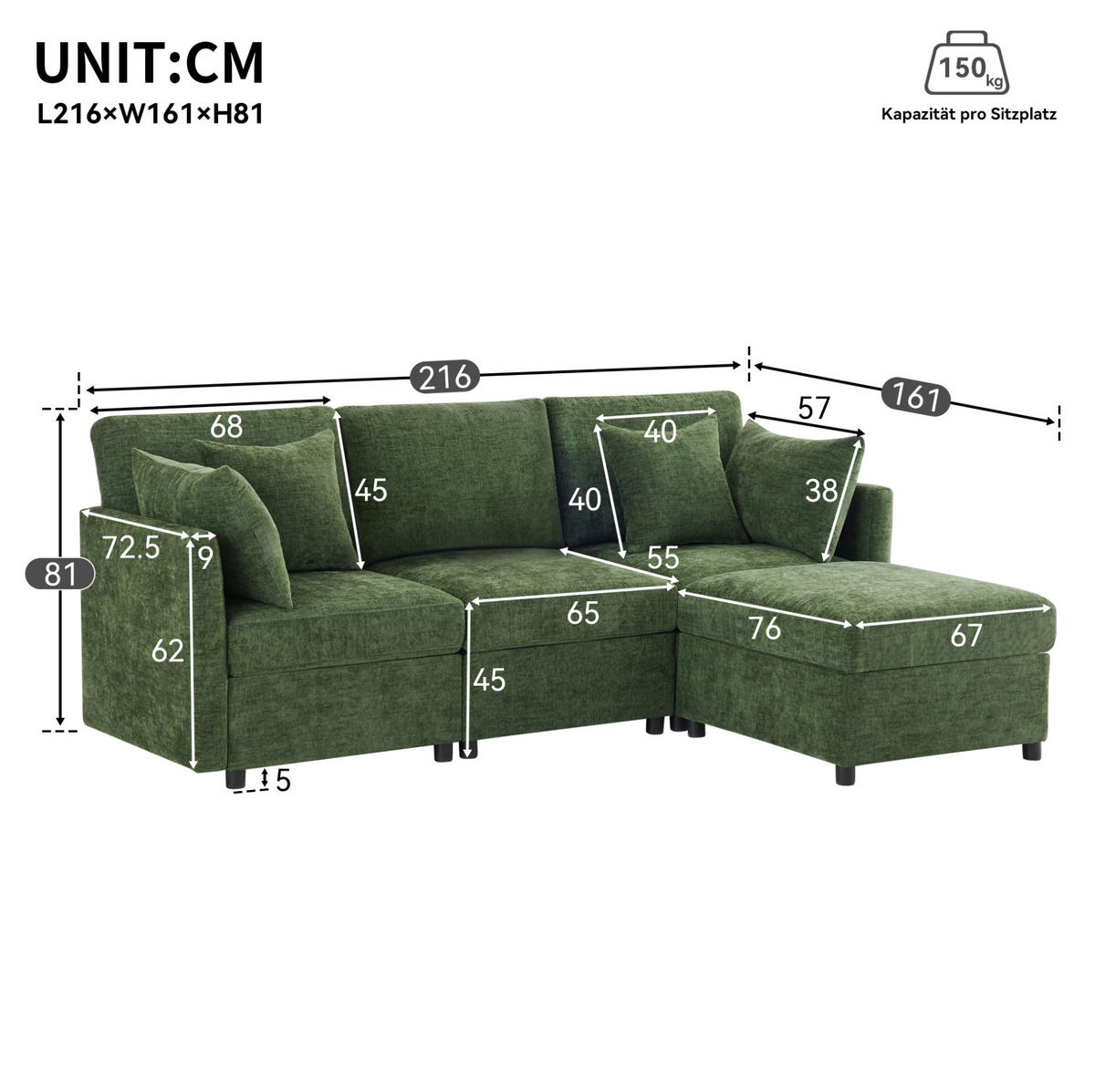 ECKSOFA 216/161/81 cm modular mit beweglichem Hocker und 4 Kissen aus Chenille, Grün - Grün, Textil (216/161cm) - Redom