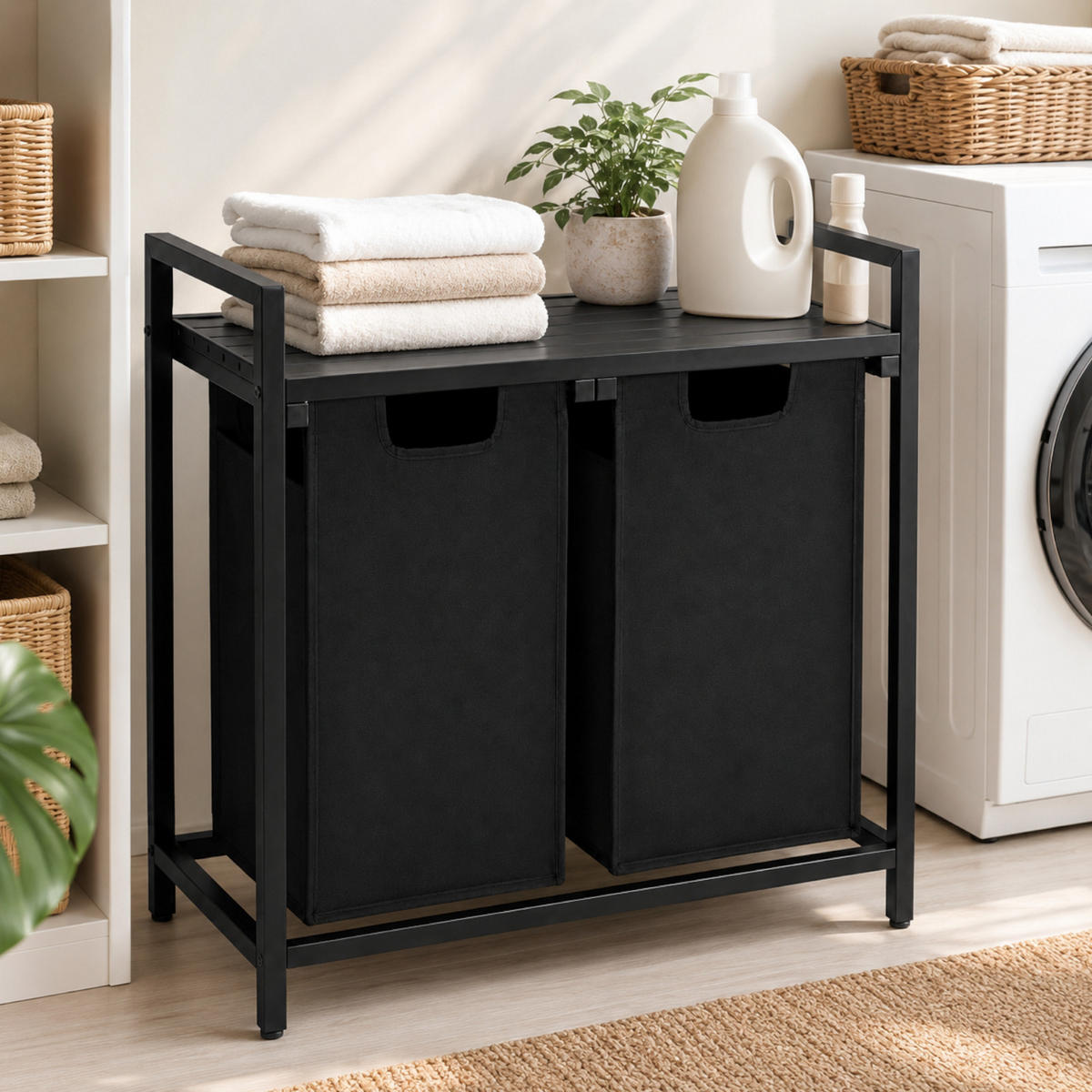 WÄSCHEKORB Metal MDF Stoff Schwarz 2 herausnehmbare Schwarz 92 Liter 73x33x71 cm - Schwarz, Metall (73/71/33cm) - Begryf