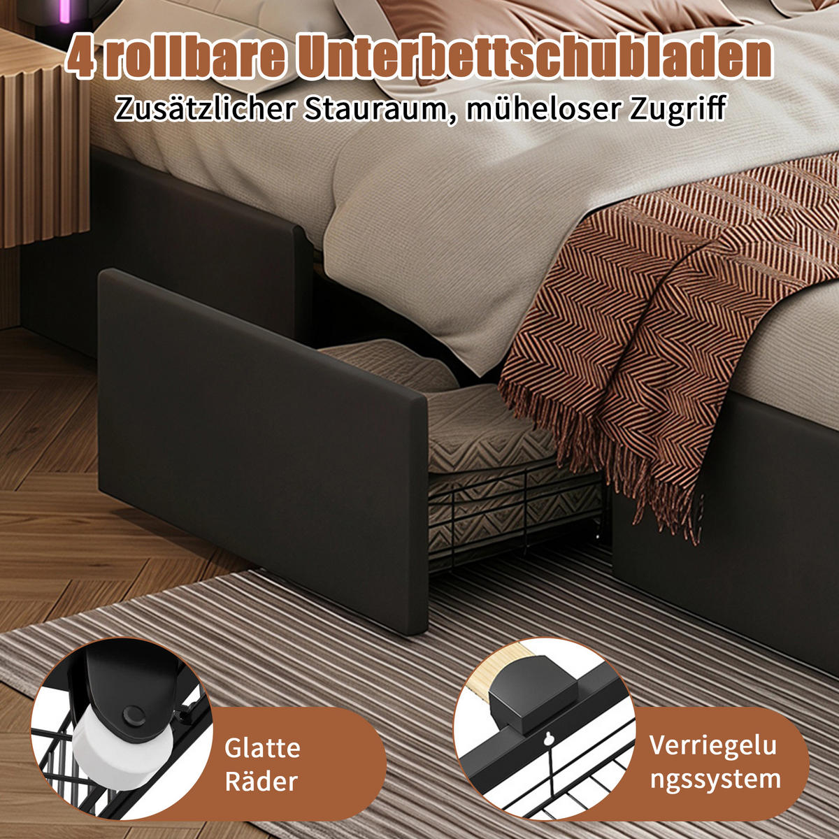 POLSTERBETT Grau 140x200 cm mit LED Kopfteil, 4 Schubladen und Bettkasten - Grau, Holzwerkstoff (140/200cm) - Novahome