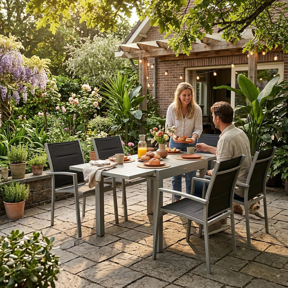 GARTEN-GARNITUR Sunderland - 5-teilige Garten-Essgruppe (4x Stapelsessel mit Aluminiumgestell, Bespannung Textillehne schwarz, - Schwarz, Metall - TPFGarden