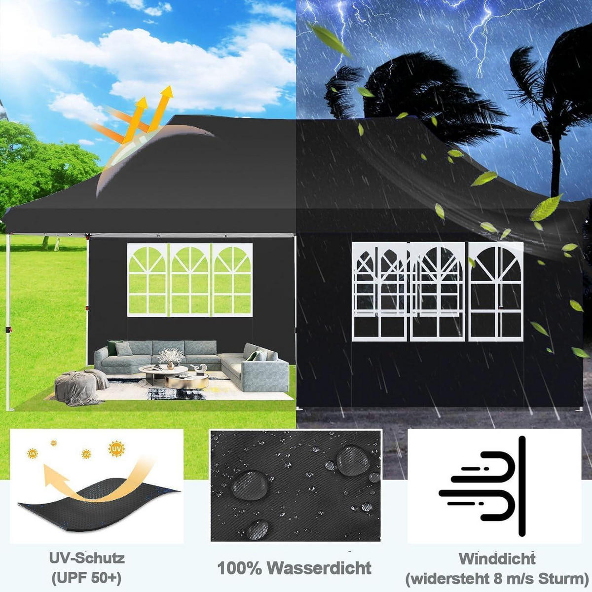 FALTPAVILLON 3x6m Wasserdicht Stabil Schwarz - Schwarz, Textil (299.7/294.6/599.4cm)