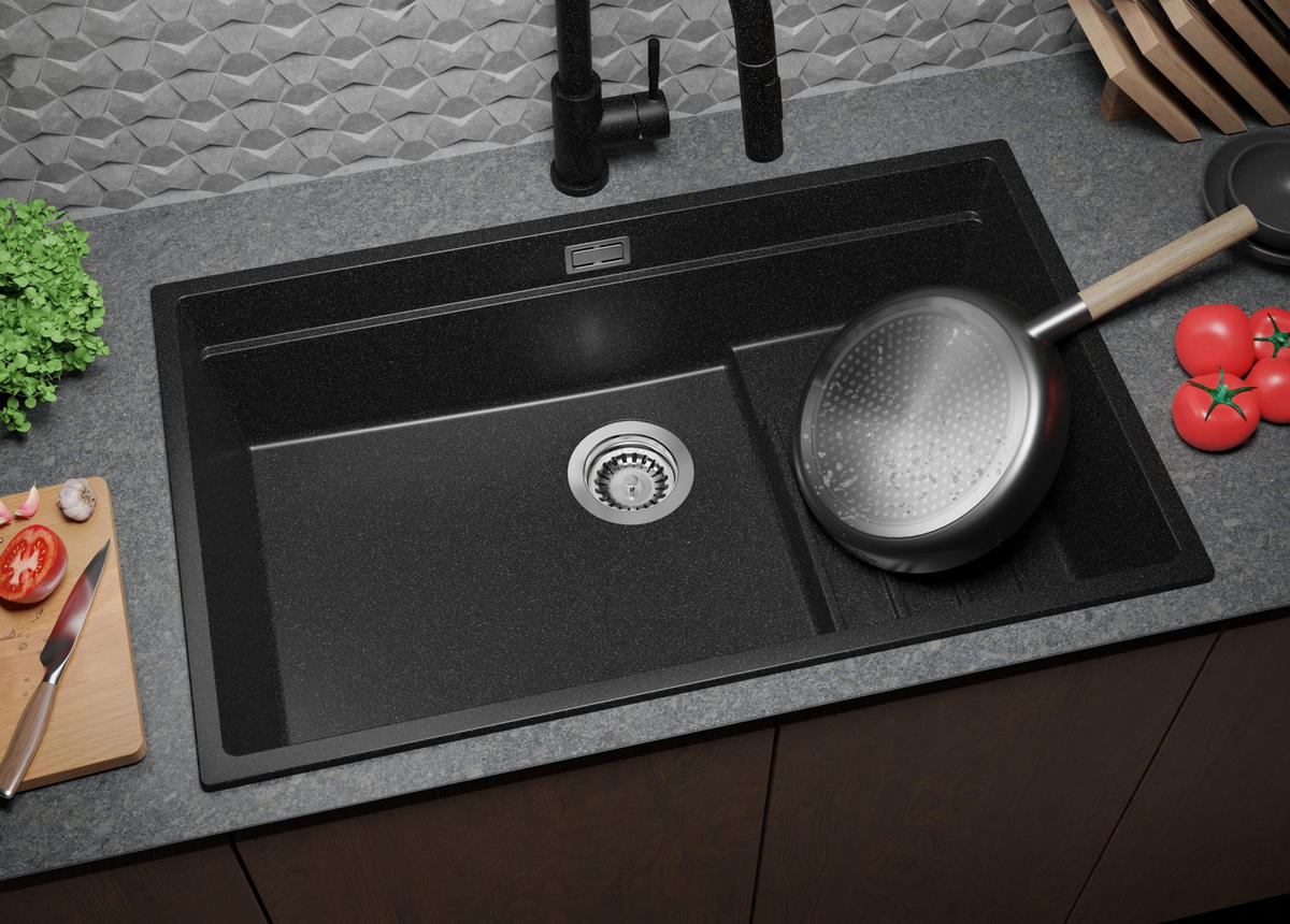 SPÜLBECKEN Praga Slim, 2-er set Anthrazit 76/47 cm 1 Becken + Ablauf-Set + Aufrollbare Abtropffläche ab 80er Unterschrank - Chromfarben/Anthrazit, Kunststoff (76/20/47cm) - Primagran