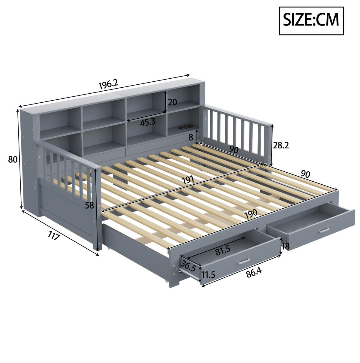 BETT 90/190 cm aus Massivholz in Grau – ausziehbar auf 180/190 cm, inkl. Lattenrost - Grau, Holzwerkstoff (90/190cm) - BEAOK
