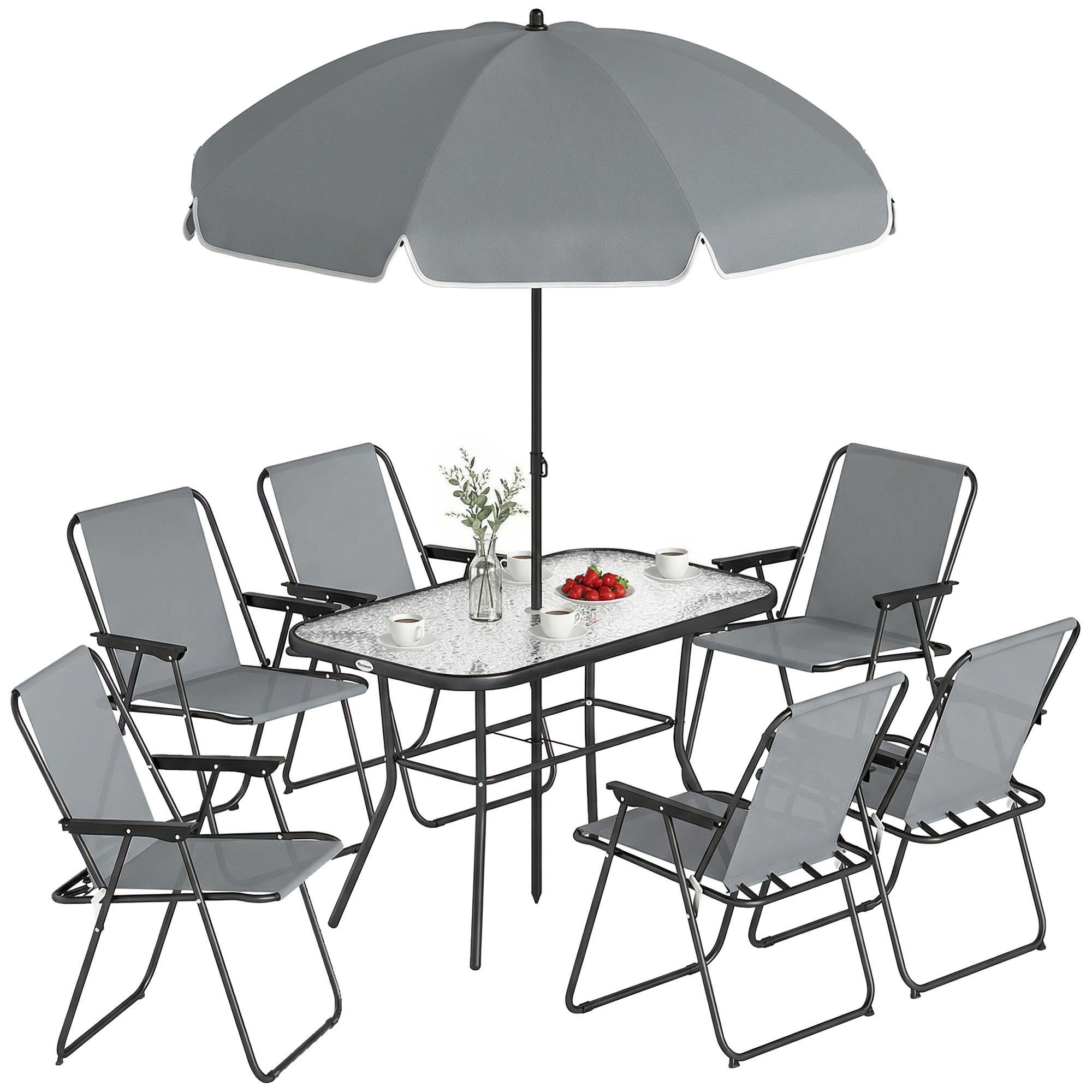 GARTENMÖBEL SET 8-teilig DE-09900 mit Glastisch und Klappstühlen Grau - Grau, Metall - ComfortXL
