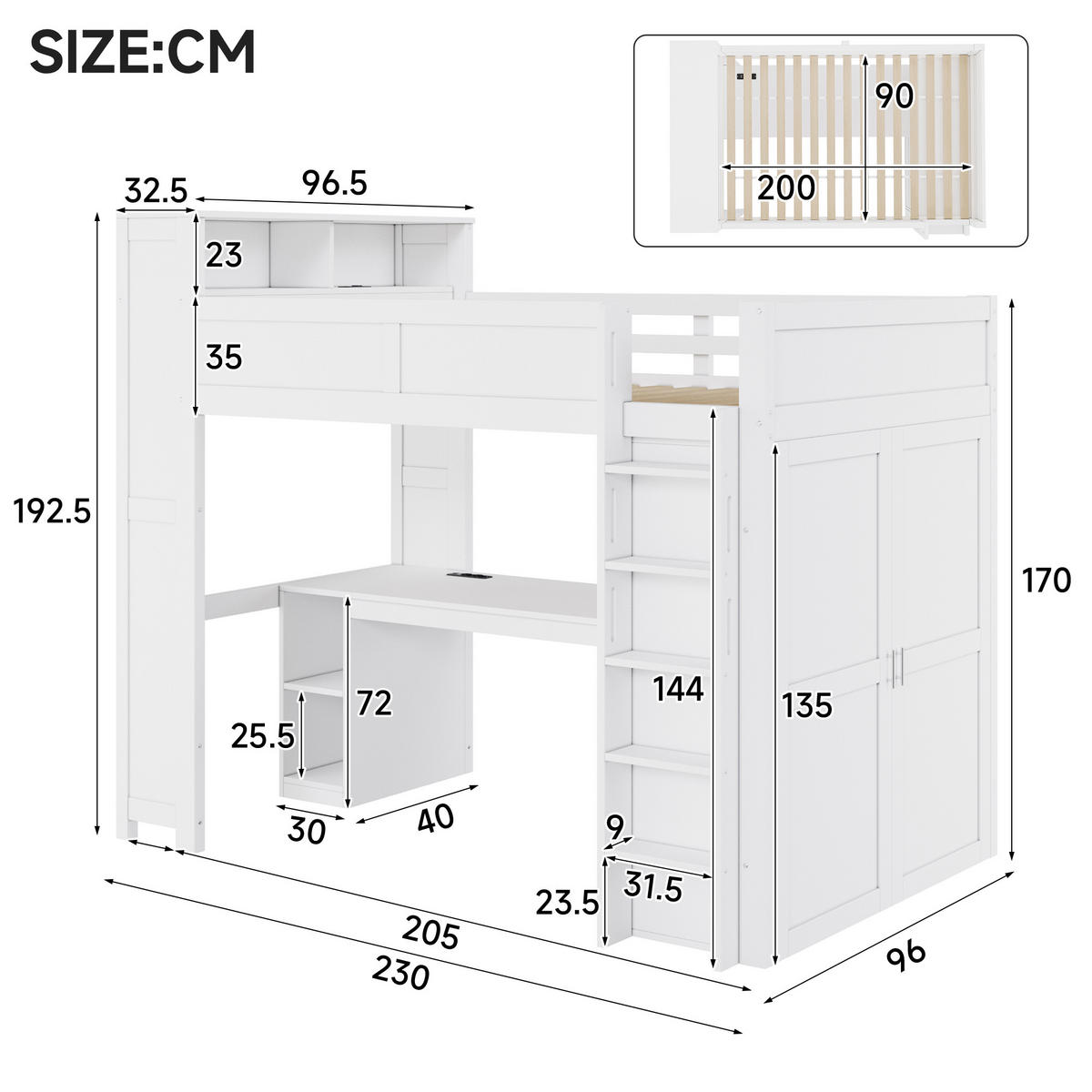 HOCHBETT 90 x 200 cm mit Schreibtisch, Staufächern, Kleiderschrank, USB-Anschluss und LED-Beleuchtung, weiß - Weiß, Holz (90/200cm) - KOMHTOM