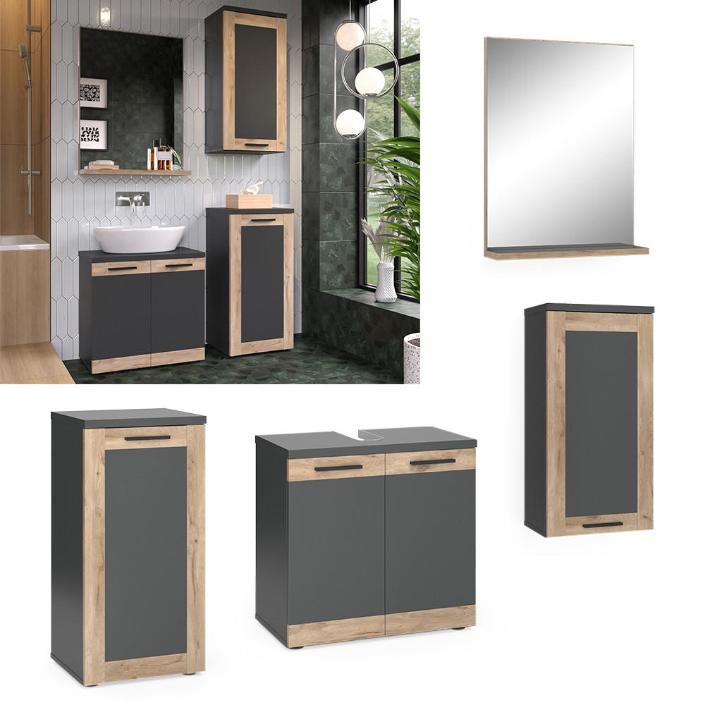 BADMÖBEL-SET Niko Anthrazit mit Midi, und Hängeschrank - Eichefarben/Anthrazit, Holzwerkstoff (60/59.1/34.3cm) - Vicco