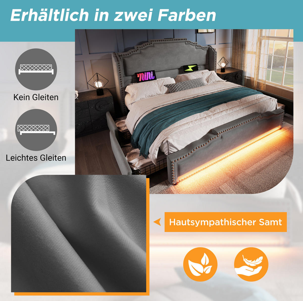 POLSTERBETT 160/200 cm Grau aus Samt mit LED und Schubladen - Grau, Textil (160/200cm) - OKMYHOME
