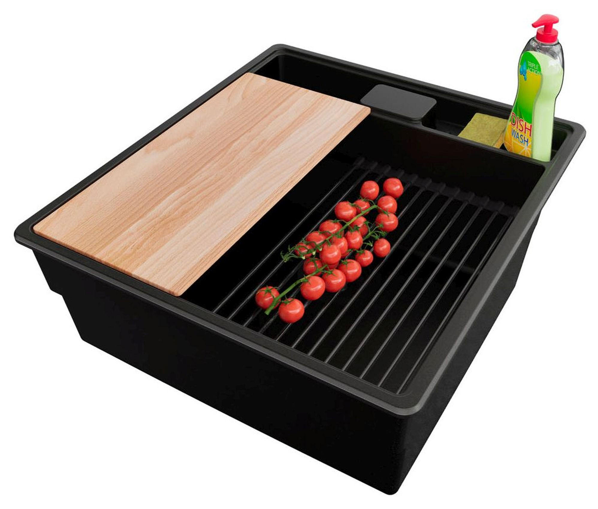 SPÜLBECKEN New York, 2-er set Alles Schwarz 48/53 cm 1 Becken + Ablauf-Set + Küchenzubehörset ab 50er Unterschrank - Beige/Schwarz, Kunststoff (48/20/53cm) - Primagran