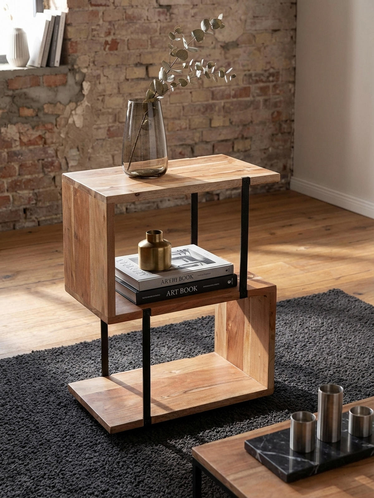 BEISTELLTISCH – Massivholz Edelstahl S-Form modern - Beige/Schwarz, Holz (30/45/60cm) - KADIMA DESIGN