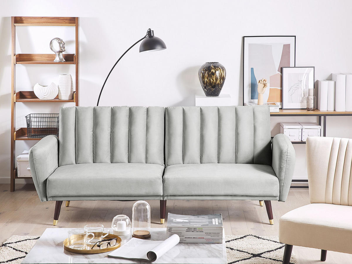3-SITZER-SCHLAFSOFA Samtstoff Hellgrau Vimmerby - Hellgrau, Textil (212/90/80cm) - Beliani